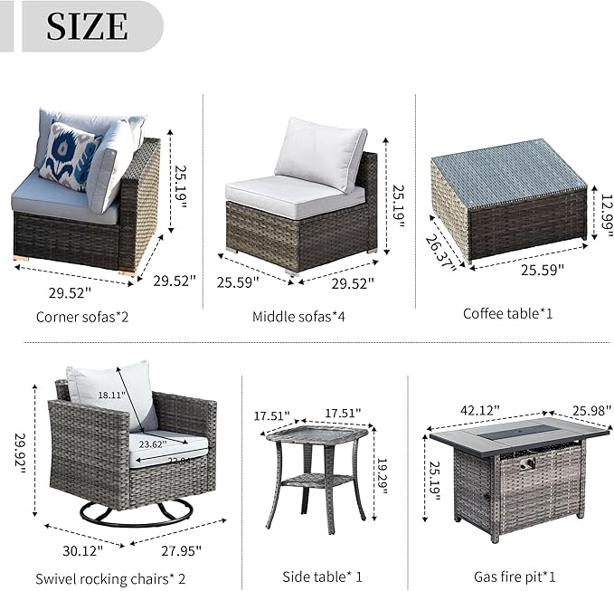 HOOOWOOO 11 Piece Patio Sectional Furniture Set with Fire Pit Table,Modern Wicker Outdoor Conversation Sofa Sets,Weather Resistant Modular L Shaped Outside Couch Swivel Chair Set(Light Grey)