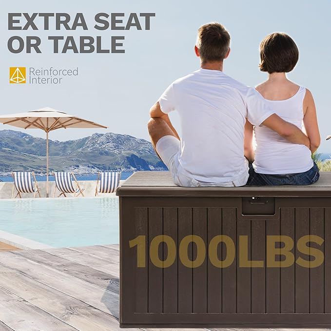 DWVO 150 Gallon Resin Outdoor Storage Box, XXL Double-Wall Waterproof Deck Box, Doubles as Table or Seating with 1000 lbs Capacity, Lockable (Brown)