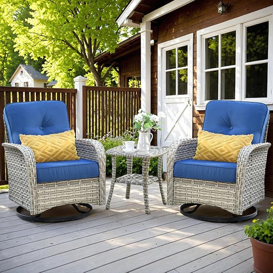 HOOOWOOO Outdoor Patio Bistro Set,3 Pieces Wicker Out Door Swivel Rocking Chair with Matching Side Table,Patio Furniture Sets,Navy Blue