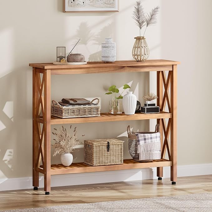 YITAHOME Solid Wood Outdoor Console Table, 39'' Acacia Wood Outdoor Bar Table with 3-Tier Storage Shelf, X-Frame Design and Adjustable Foot Pads for Garden Patio Balcony and Indoor, Natural