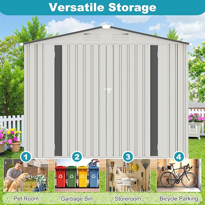 8x6 FT Outdoor Metal Storage Shed, Tool Shed with Peaked Roof and Lockable Door, Compact Garden Shed with Clear Window for Backyard Garden Patio Lawn, White+Gray