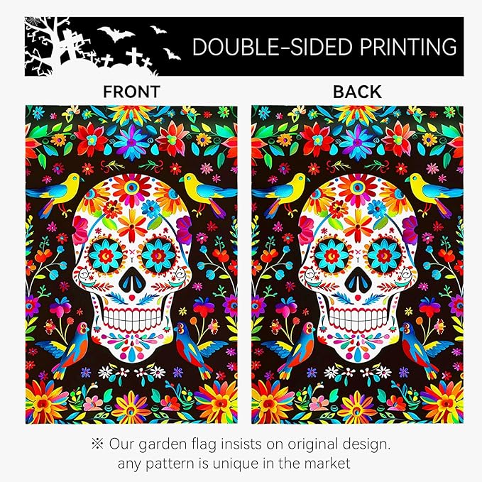 Day of the Dead Garden Flag Skull Welcome Floral Yard Flag Mexican Gothic Skeleton Flowers Birds Double-Sided Garden Flags Fiesta Dia DE Los Muertos Burlap House Banner 12x18 Inch