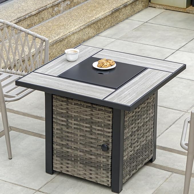30" Propane Fire Pit Table with Real Ceramic Tabletop & Ratten Side Panel, 50000 BTU Gas Firepit Table with Lid & Glass Rock, Outdoor Fire Pit for Dining or Party, Firepit for Outside, Patio