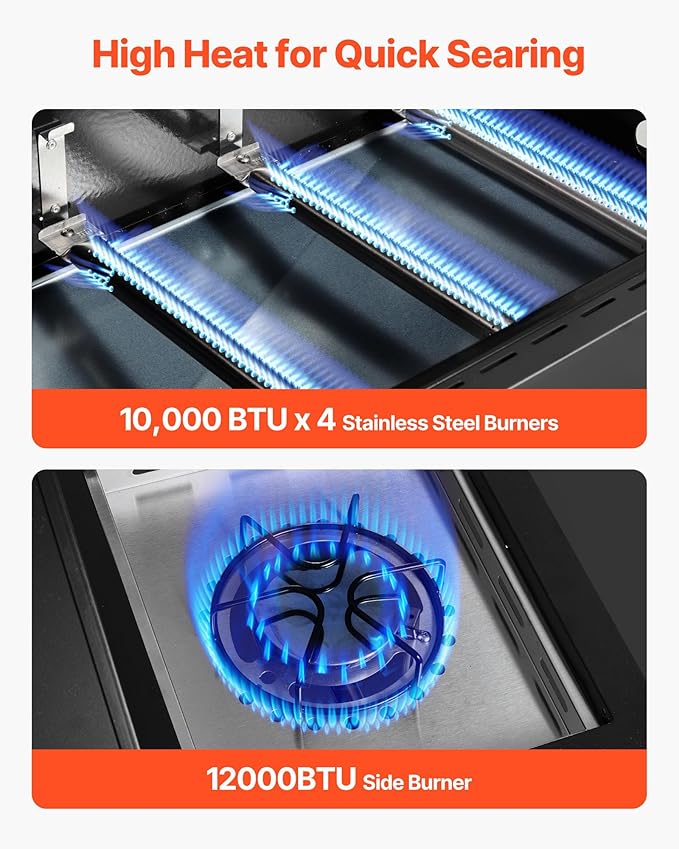 VEVOR Gas Grill, 4 Burner Propane Gas Grill with Side Burner, 425 SQ.In Grilling Area, Carbon Steel Enamel Grates, Outdoor 52,000 BTU Patio Garden BBQ Grills with Two Side Shelves, Carbon Steel