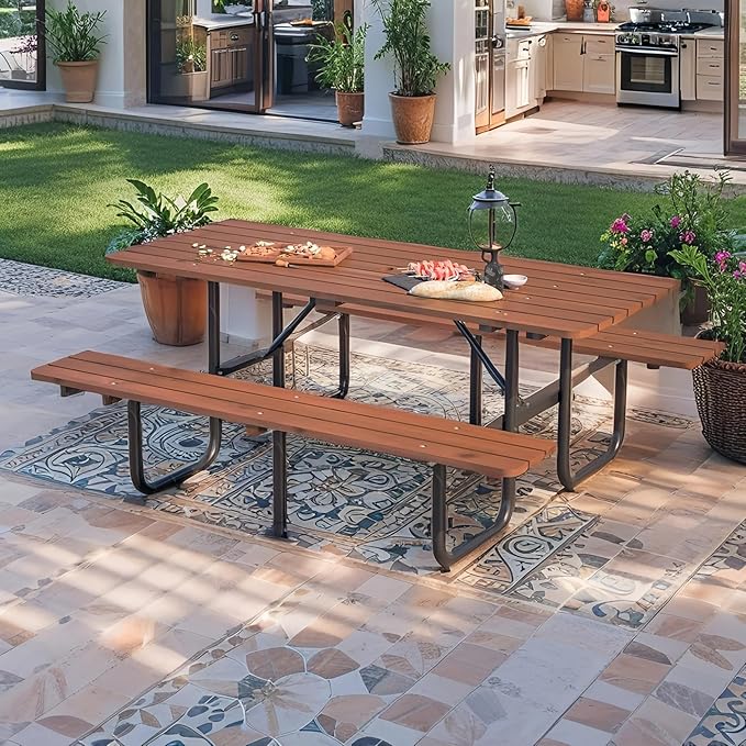 Outdoor Picnic Table with Benches, 6 - Person Picnic Table, Wooden Patio Dining Set, 1.97'' Umbrella Hole, Waterproof and Rounded Corners Design for Backyard, Garden, Park, Restaurant, Picnic, Natural