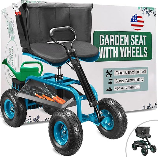 Garden Seat with Wheels – Adjustable 360° Swivel Gardening Stool with Hydraulic Height Adjustment, Ergonomic Backrest, and Tool Storage – Rolling Stool for Garden, Yard, and Outdoor Use