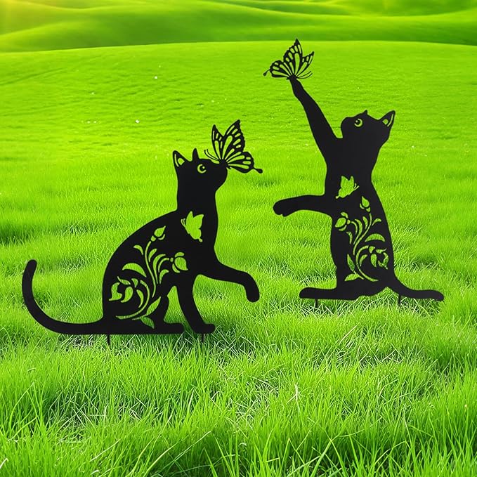 MUMTOP Cat Metal Garden Stake Decorative, Black Cat Gifts for Women, Silhouette Statues for Yard Art, Outside, Patio, Outdoor Decor, Lawn Ornaments, Butterfly