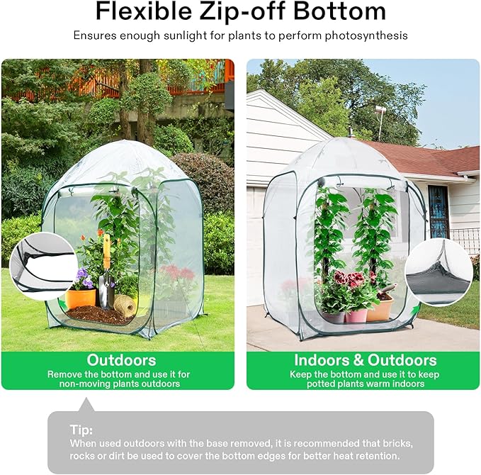 VIVOSUN 39x39x63-Inch Portable Walk-in Greenhouse, with PVC Cover & Detachable Base, Instant Pop-up and Folding, Mini Greenhouse with Roll-Up Door & Mesh Window for Indoor Outdoor, Wind Ropes Included