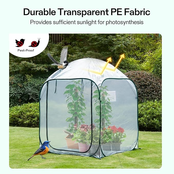 VIVOSUN 49x49x63-Inch Portable Walk-in Greenhouse, with PVC Cover & Detachable Base, Instant Pop-up and Folding, Mini Greenhouse with Roll-Up Door & Mesh Window for Indoor Outdoor, Wind Ropes Included