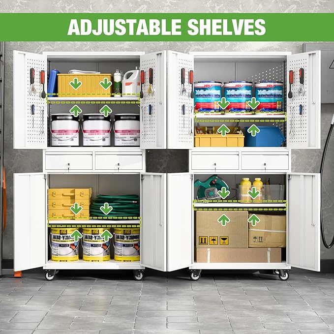 71" H Rolling Tool Storage Cabinet with Pegboard and 2 Drawers,Metal Garage Storage Cabinet with Wheels 4 Doors and Adjustable Shelves for Garage, Kitchen,Office,Required Assembly,White