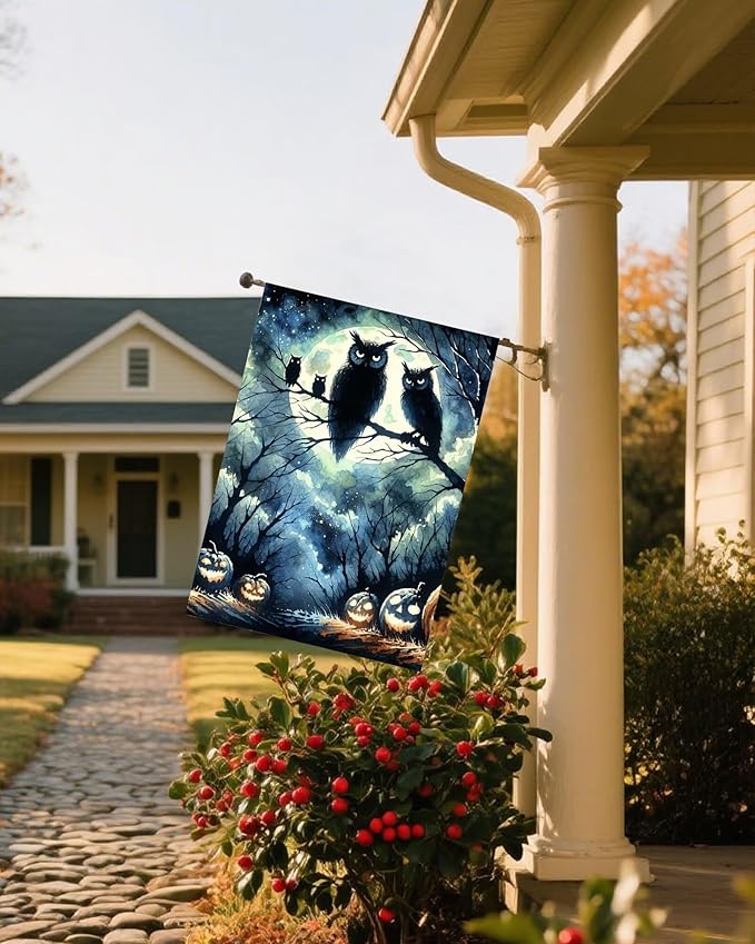 Watercolor Halloween Owl Birds Jack O Lantern Pumpkins Full Moon House Flag 28" x 40" Double Sided Polyester Welcome Large Yard Garden Flag Banners for Patio Lawn Home Outdoor Decor