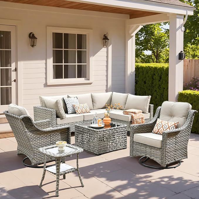 HOOOWOOO Outdoor Patio Furniture Set,8 Pieces Wicker Out Door Sectional Furniture L Shaped Couch,Patio Conversation Sets with Swivel Rocking Chair LED Table,Beige