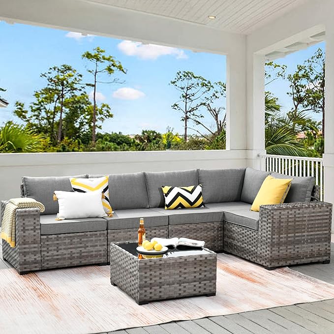 HOOOWOOO Modular Patio Outdoor Sectional Furniture Set,6 Piece Wicker Conversation Sofa Set,Out Door Couch Set with Wide Arm for Outside All Weather(Dark Grey)