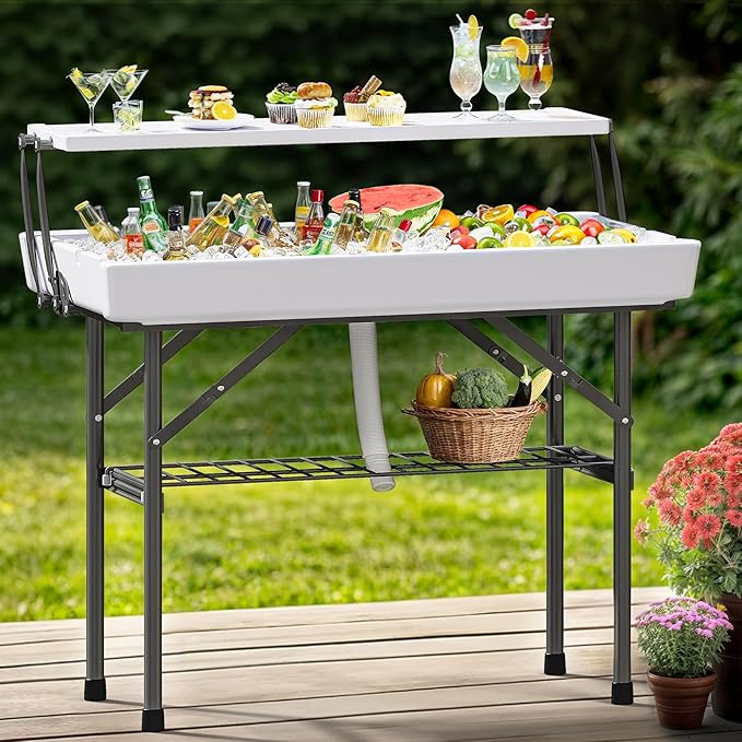 YITAHOME Two-Tier Ice Table, 4FT Folding Ice Cooler Table with Drain and Detachable Skirt, Portable Ice Table for Parties, Picnics, Camping, Weddings, BBQs