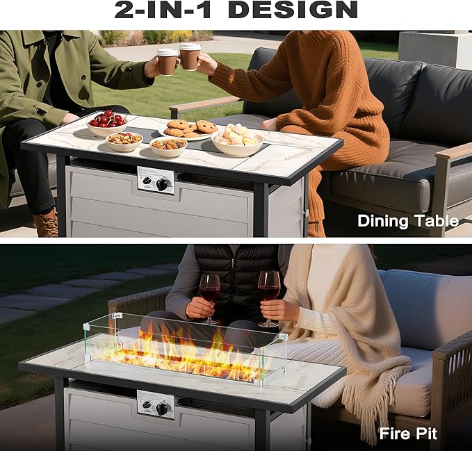 Nuu Garden 43'' Patio Propane Fire Pit Table, 50,000 BTU Gas Fire Pit with Marble-Textured Glass Top, Wind Guard, Lid, Glass Beads, CSA-Certified, 2-in-1 Outdoor Table for Gatherings, Ivory White