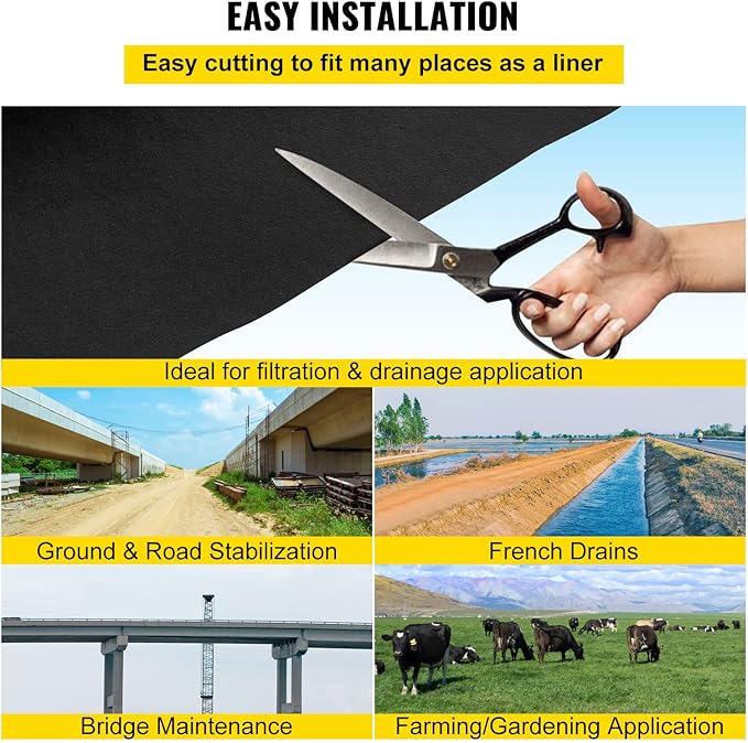 VEVOR Geotextile Landscape Fabric, 3ft x 100ft 4 oz, Non-Woven PP 350N Tensile Strength & 440 N Load Capacity, Drainage Ground Cover, Garden Weed Barrier, French Drains, Black