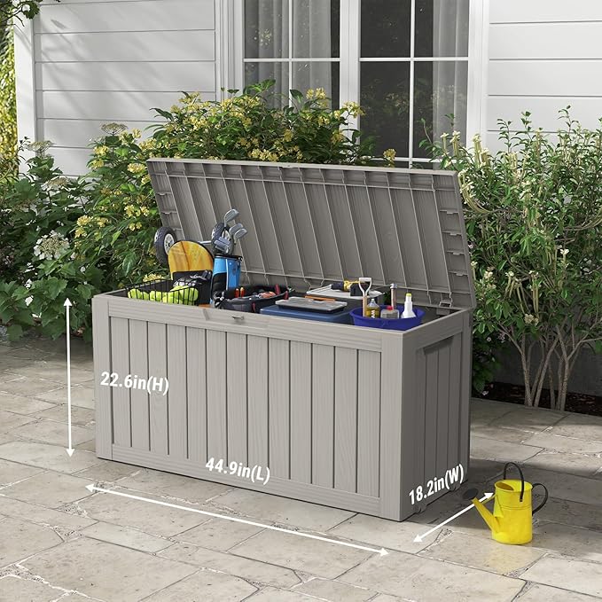 Mars Villa 72 Gallon Deck Box, Outdoor Storage Box Waterproof, Outside Resin Storage Bin for Patio Furniture Cushions, Pool Supplies, Garden Tools, UV-Resistant and Weatherproof, with 4 Wheels, Greige