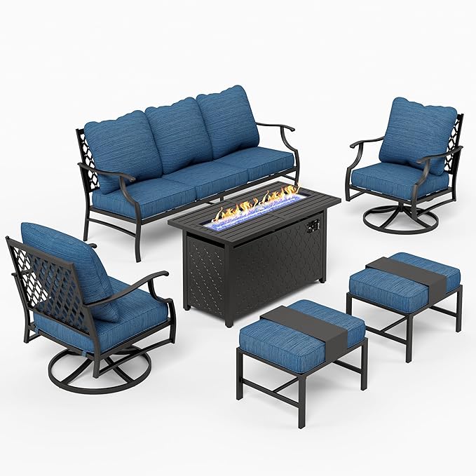 Patio Furniture Set, 6 Pcs Metal Outdoor Conversation Set, 2 Swivel Chairs, 2 Ottomans and 3 Seater Sofa with 5.75" Extra Thick Cushion and Gas Fire Pit Table, Gemstone Blue