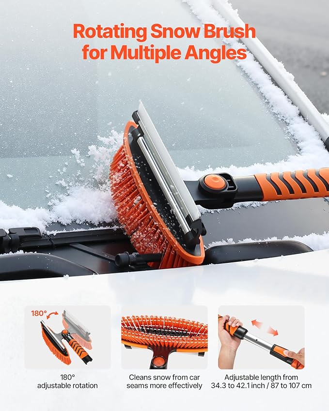 VEVOR Snow Shovel and Snow Brush, 42 in Extendable Snows Broom & Ice Scraper with 180° Pivoting Brush Head, Non-Slip Grip, Portable Winter Snows Removal Tools for Cars Trucks SUVs Vehicle