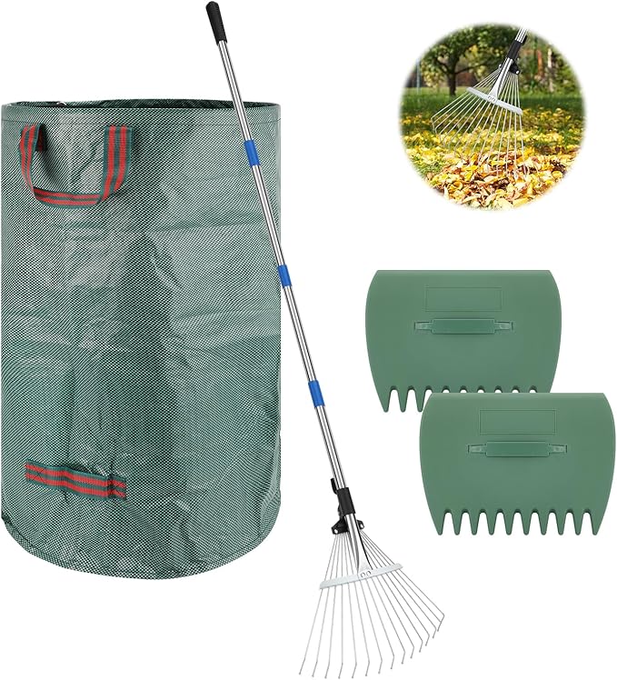 Metal Leaf Rake with Adjustable Handle,SAN LIKE 68 inch Garden Rake Set with 32 Gallon Leaf Bags Leaf Scoops,Heavy Duty Yard Rakes for Gardening Lawns Yard Outdoor Camping