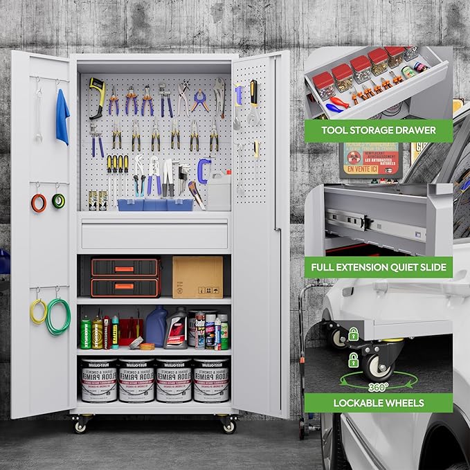 71" H Metal Garage Storage Cabinet with Wheels and Doors,Rolling Tool Cabinet with Pegboard,Rod and Drawer for Garage Warehouse Home,Required Assembly,White