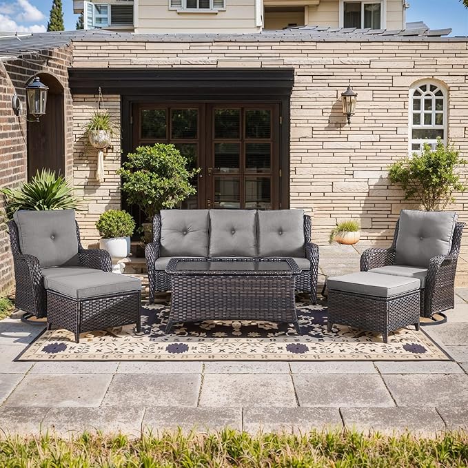 Wicker Outdoor Conversation Set-6 Pieces Outdoor Wicker High Back Couch with Swivel Rocker Chairs Patio Furniture for Deck Poolside Backyard-Brown/Grey