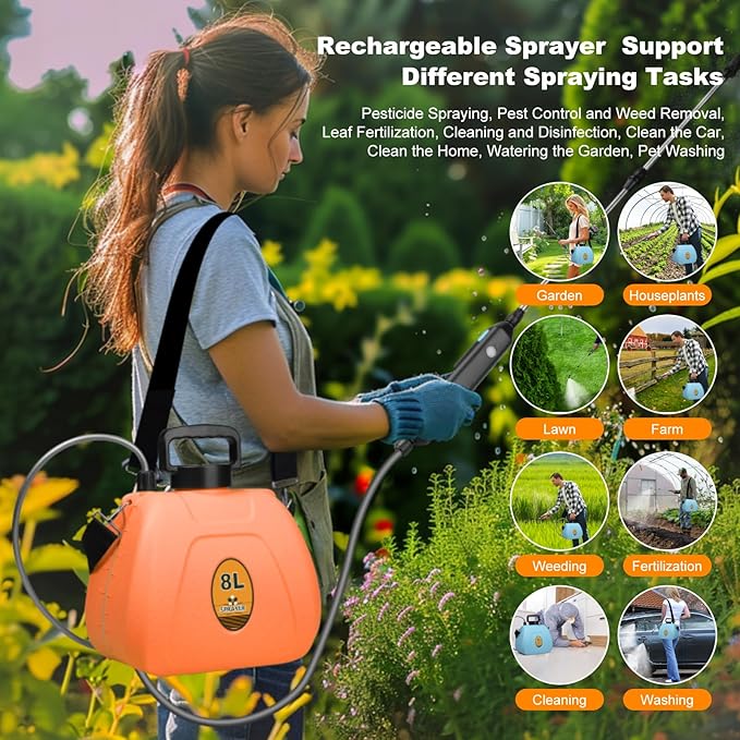 Battery Backpack Sprayer 2.1 Gallon, Rechargeable Sprayer with 3 Adjustable Nozzles, 1.5-3H Runtime, Adjustable Wand Leak-Proof & Chemical-Resistant Tank for Lawn, Garden & Farm Use (Orange)