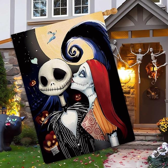 Halloween Ghost Garden Flag The Nightmare Garden Flag Sally Kisses Jack Vertical Double Sided Rustic Farmland Burlap Yard Lawn Outdoor Decor 28x40"