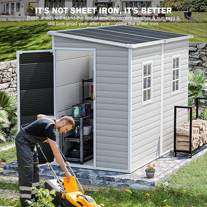 CDCASA 4x8 FT Resin Lean to Shed, Waterproof Outdoor Storage Shed with Floor and Adjustable Openable Windows,Outside Plastic Tool Shed for Backyard Garden Patio Lawn