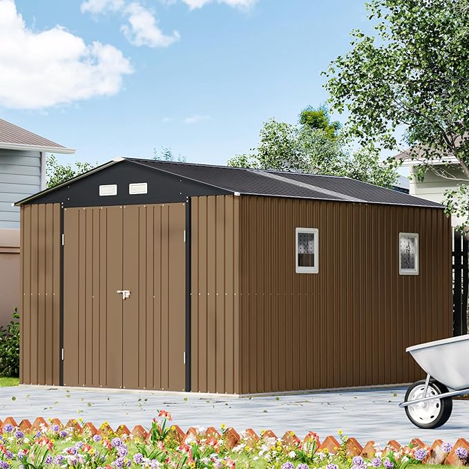 10X12X7.5 FT Outdoor Steel Storage Shed with Lockable Doors, 2 Windows, Transparent Roof Panels, Metal Frame Floor (Wood Panels Not Included), Ideal for Backyard, Patio Storage,Chicken Coop，Brown