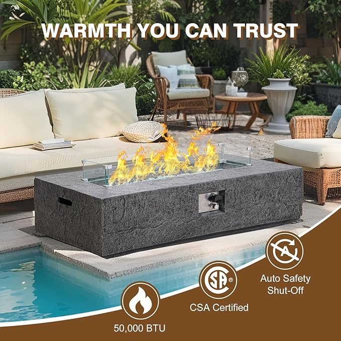 2-Piece Outdoor Propane Fire Pit Table Set – Premium Slate-Like MgO Finish, 48-Inch Gas Fire Table with Glass Wind Guard for Patio, Garden & Backyard, Includes Rain Cover & Glass Beads
