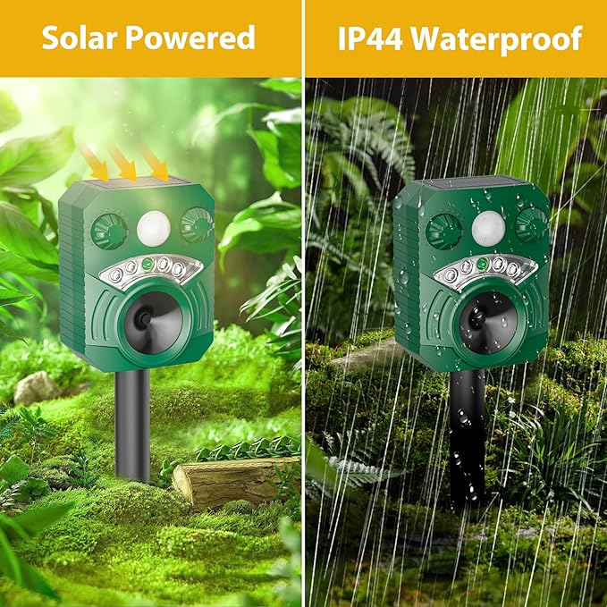 2 Pack Solar Ultrasonic Animal Repellent, Deer Repellent Devices with Motion Sensor, Waterproof Cat Repellent Outdoor with Flashing Lights to Scare Deer, Cats, Squirrels, Raccoons Away from Yard Lawn