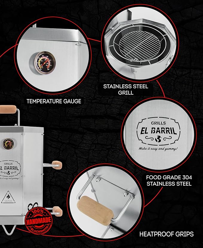 EL BARRIL 15lbs Stainless Steel Foldable Charcoal Smoker & Grill Barrel – Portable Outdoor Smokers with Grilling Accessories & Carry Bag