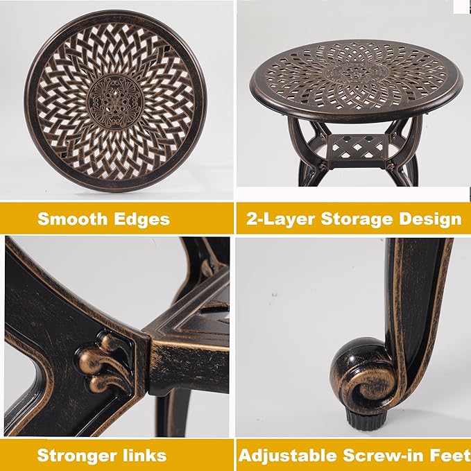 Cast Aluminum Outdoor Side Table,Small Patio Table,Outdoor Coffee Tables for Patio,Garden,Balcony, for All Weather (Copper, Round)