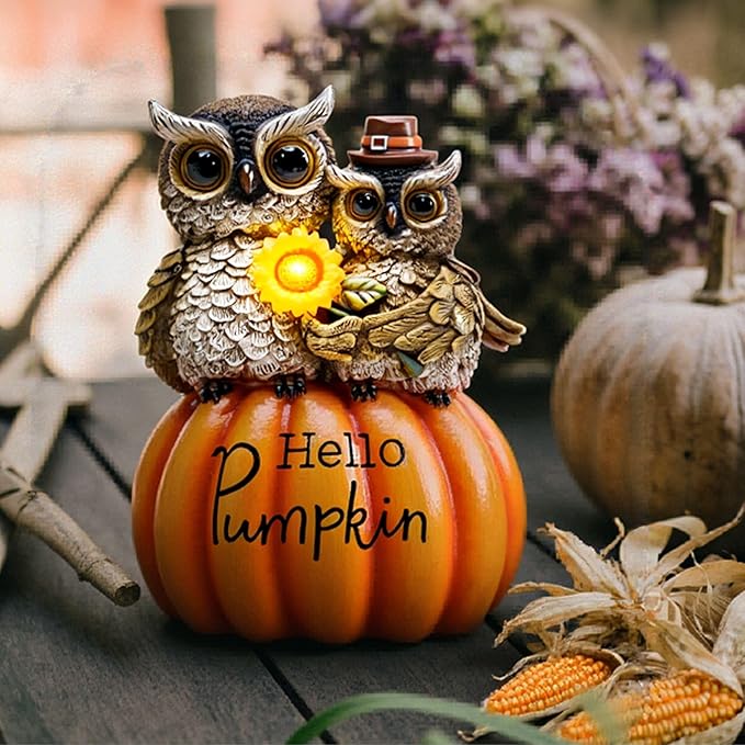 TERESA'S COLLECTIONS Fall Decor, Fall Owl Decor, Owl Perch on Pumpkin with Solar Light, Outdoor Fall Decor Waterproof Resin, Fall Gifts Outdoor/Indoor, 7.1"