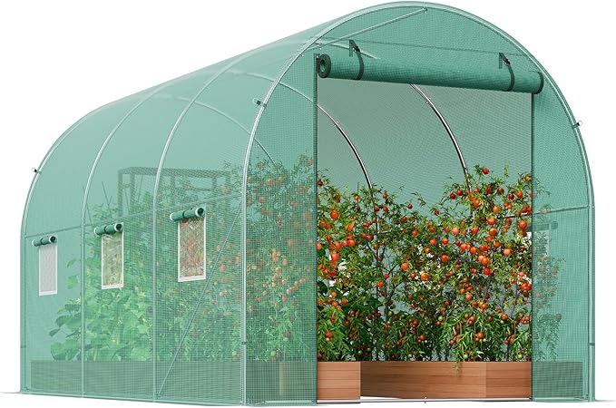VEVOR Walk-in Tunnel Greenhouse, 11.3x6.4x6.3 ft Hoop House Greenhouse Tunnel, Plant Hot House with Galvanized Steel Frame, Green PE Cover, Roll-up Zipper Door and 6 Windows for Outdoor