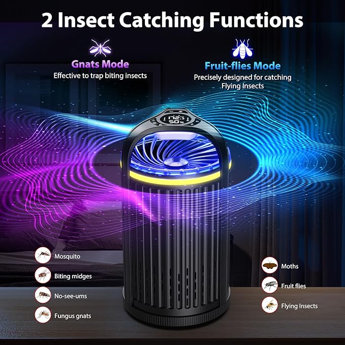 Fly Trap Indoor, 3 in 1 Fruit Fly Traps for Indoors Gnat Traps for House Indoor, Smart Flying Insect Trap Bugs Light Mosquito Catcher with 10 Refills, Ideal for Kitchen, Graden, RV, Office - Black