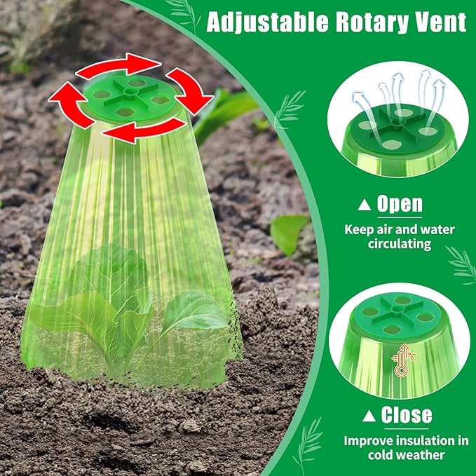 UQM 20 Pack Garden Cloches for Plants, Reusable Bell Plant Protector with Rotary Vent Cover, Garden Protection from Animals Snails Birds Chickens Insect, 9.18" H X 7.56" D (Green)
