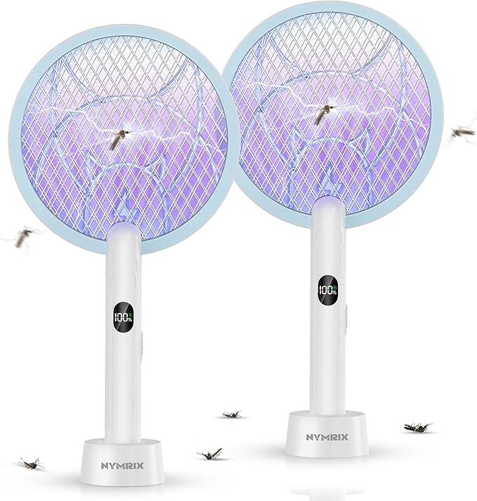 Electric Fly Swatter Racket, 2 in 1 Mosquito Bug Zapper 4100V Handheld Mosquito Killer with 1800 mAh Rechargeable Battery, Purple Lightand 3-Layer Safety Mesh for Indoor Outdoor Blue Two-Pack