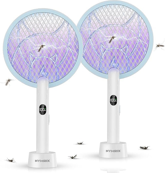 Electric Fly Swatter Racket, 2 in 1 Mosquito Bug Zapper 4100V Handheld Mosquito Killer with 1800 mAh Rechargeable Battery, Purple Lightand 3-Layer Safety Mesh for Indoor Outdoor Blue Two-Pack