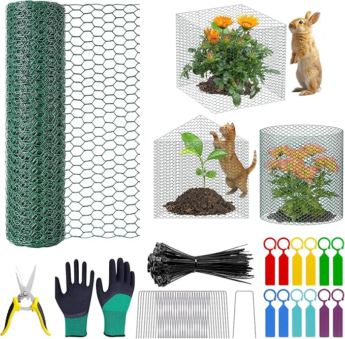 39.4ft x16In Plant Protectors from Animals, Plant Cages for Outdoor Plants, Wire Plant Protector Cage,Chicken Wire Cloche with Gloves, Plier, Ground Stakes & Nylon Ties Protect Plants from Animals ﻿