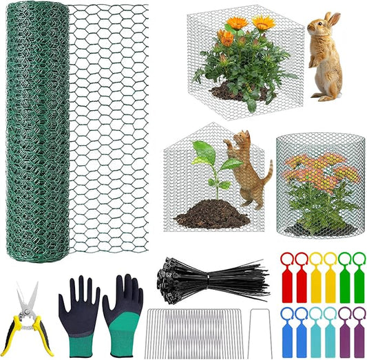39.4ft x16In Plant Protectors from Animals, Plant Cages for Outdoor Plants, Wire Plant Protector Cage,Chicken Wire Cloche with Gloves, Plier, Ground Stakes & Nylon Ties Protect Plants from Animals ﻿