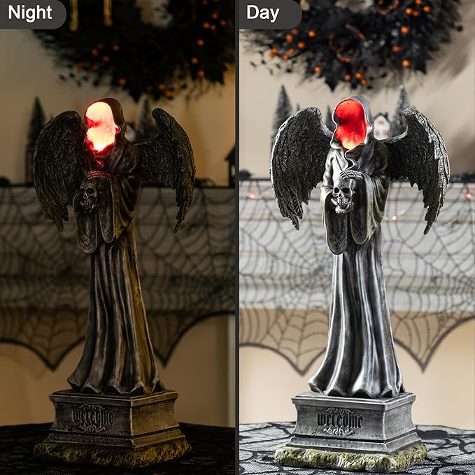 Glitzhome Halloween Porch Decorations, Lighted Halloween Front Porch Standing Sign Decor with Timer, Resin Grim Reaper Sign for Indoor Patio Party, 24" H