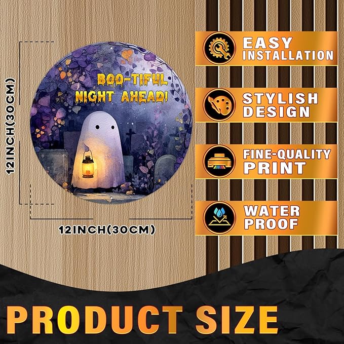 PEACHGARDEN Vintage Bootiful Night Ahead Ghost Metal Tin Sign Halloween Decor Gothic Wall Art Retro Plaque Spooky Home Kitchen Decor 12x12inch