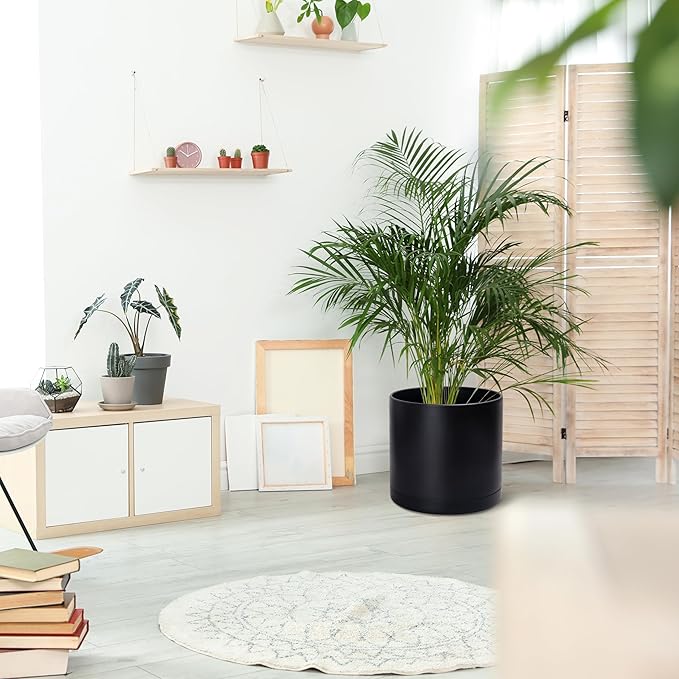 D'vine Dev 12 Inch 14 Inch 16 Inch, Set of 3 Plastic Planter Pots for Plants with Drainage Hole and Seamless Saucers, Black Color, XXX-Large, 74-V-B-7