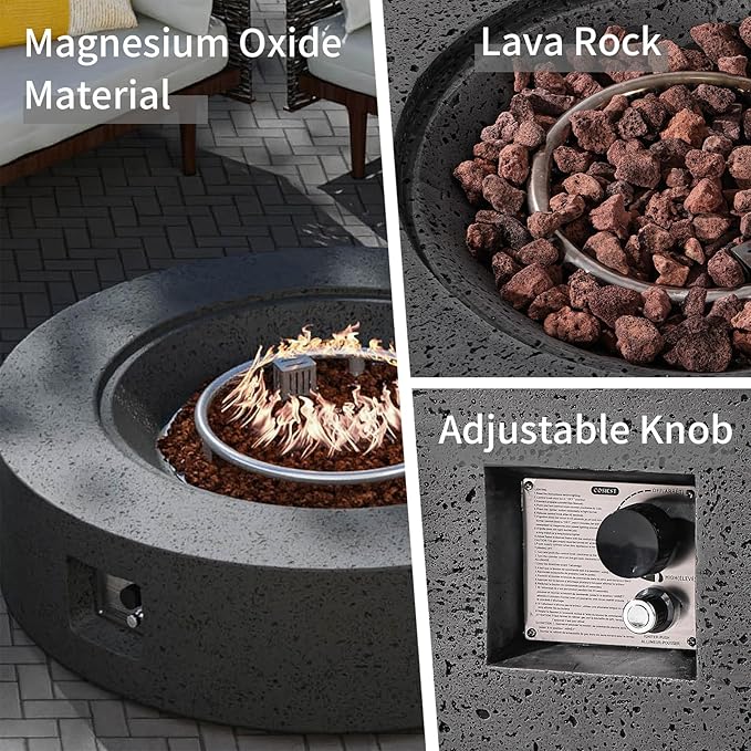 SUNBURY Outdoor Fire Pit, 42" Round Propane Gas Patio Fire Table 50,000 BTU Concrete Travertine Design, CSA Certified, Circular Base Firepit with Lava Rocks, Waterproof Cover (Grey)