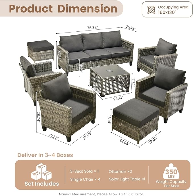 HOOOWOOO Outdoor Patio Furniture Set,8 Pieces Wicker Conversation Set,All Weather Couch Set with Solar Light Table Ottoman Chairs 9 Seaters for Out Door Yard(Black)