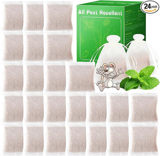 24 Pack Natural Mice Repellent - Peppermint Oil to Repel Rats Mice Vole Mole Deterrent for Car Engines Indoor and Outdoor, Safe for Humans & Pets, Pouches for Other Pest Roaches