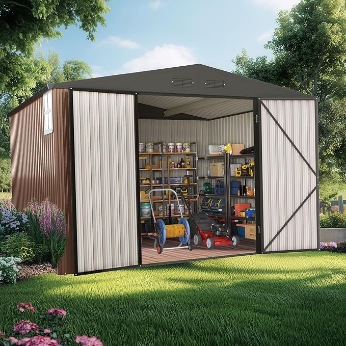 Quictent Heavy Duty 10X10 FT Metal Storage Shed, Lockable Steel Yard Waterproof Tool Shed for Garden, Backyard, Patio, Outside use with Combination Lock(9.5X9.5 FT Base,No Floor)