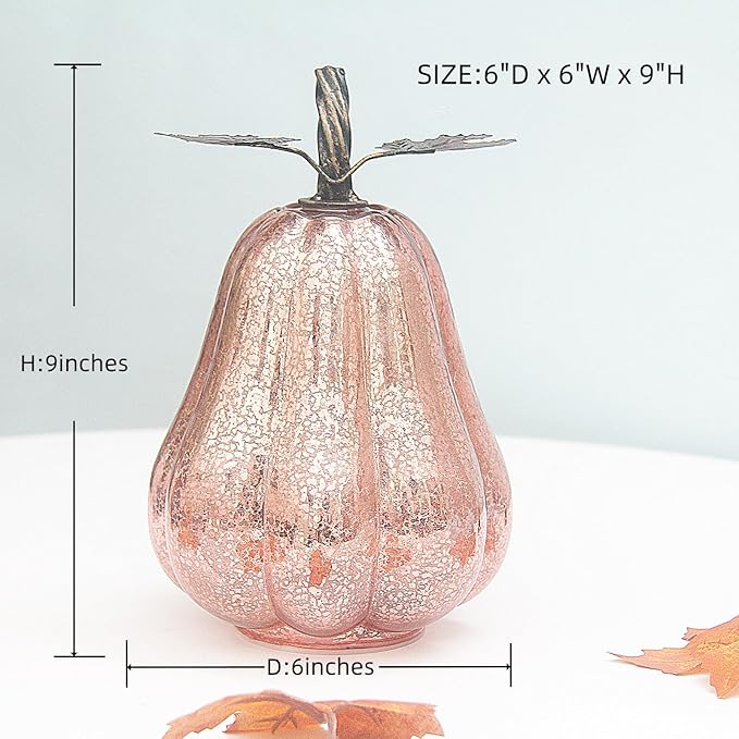 Mercury Glass Pumpkin Lights with Timer, Battery Operated Led Pumpkin Lights for Halloween Fall,Thanksgiving Rustic Decor (Rosegold Leafy, 9")